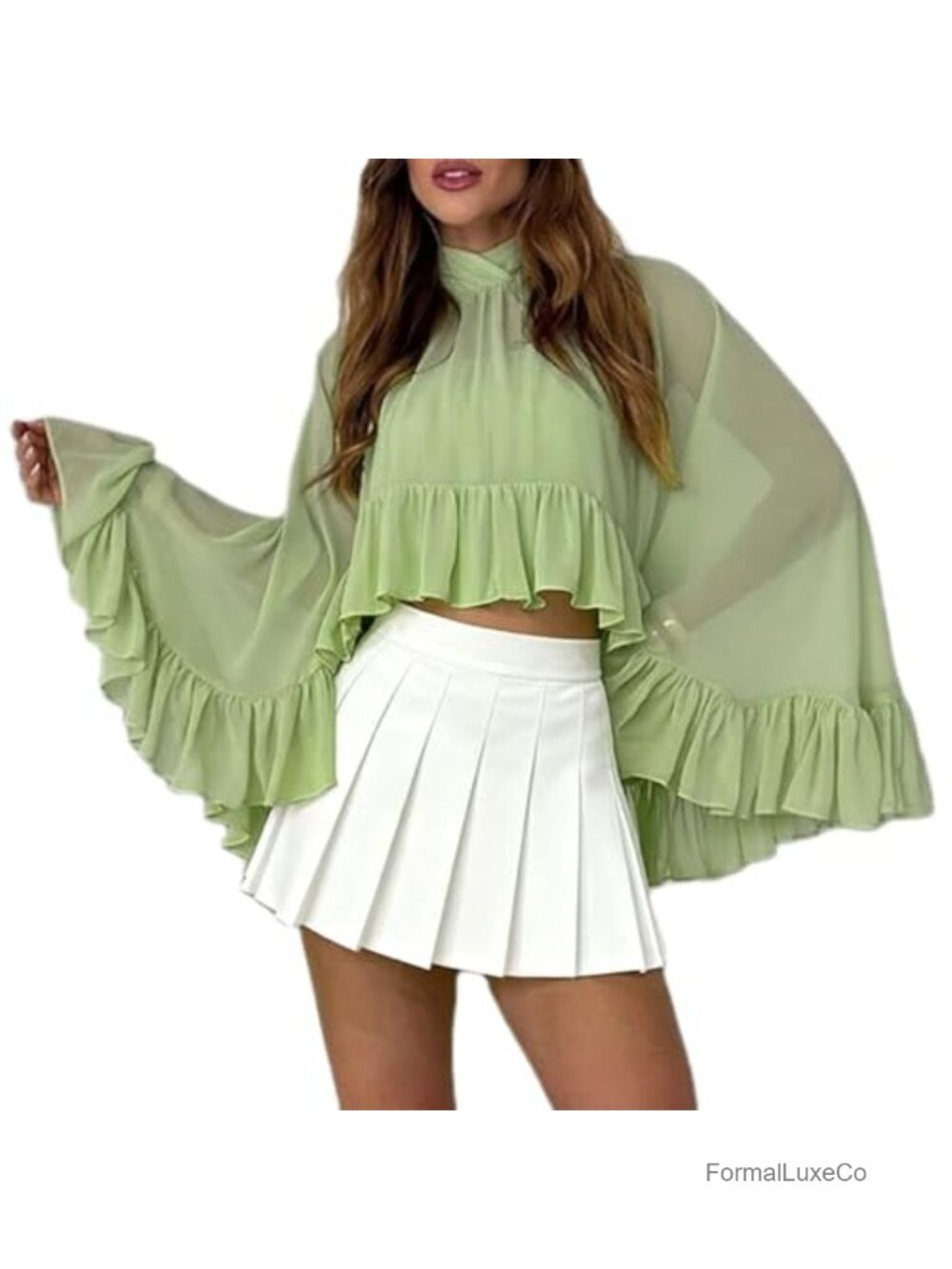 Chiffon Sheer Shawl Wrap High Neck Ruffle Irregular Hem Capelet for Evening